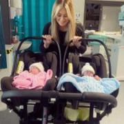 Mum Charlotte Hocking Brown with twins Nancy (L) and Jac (R) upon leaving hospital after a ten week stay