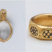 A rock crystal pendant shaped in gold (left) from the fifth century, and a gold ring from the ninth century, part of a £3m Viking hoard, that metal detectorists George Powell and Layton Davies have been convicted of stealing