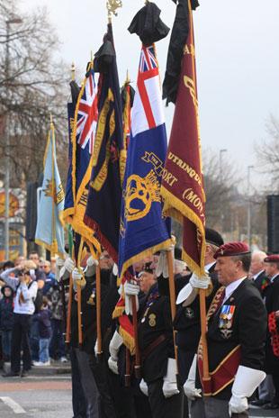Veterans and standard bearers at the Remembrance service at the Cenotaph Clarence Place, Newport