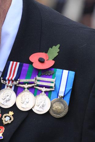 Jimmy James with his medals at the Remembrance parade at the Cenotaph Clarence Place, Newport