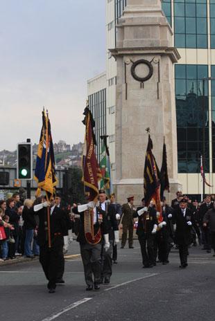 Veterans and standard bearers at the Remembrance service at the Cenotaph Clarence Place, Newport 