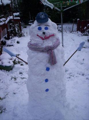 This is our snowman built by sarah mccarthy and her children caitlin and jacob.