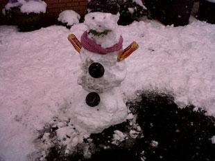 My snowman I made - I used lucozade bottles for arms, stones for eyes,solar lights for snow mans buttons and a branch for the mouth. Mums hat n scarf as well.

From Jacob lewis age 8 Cwmbran
