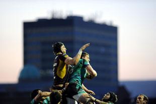 The Dragons' Luke Charteris and the Ospreys' Ian Evans in the air