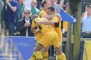TEAM SPIRIT: Celebrating Andy Sandell's goal against Burton on Monday