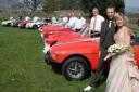 WEDDING WHEELS: Newly-weds Richard and Louisa Dwyer in the grounds of Abergavenny Castle, with the collection of 12 MG cars