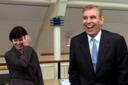 Sally Ann Jones head of the central inquiry unit at the patent office shares a joke with HRH Prince Andrew on a visit today