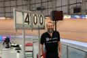 Toby Ellis just after completing his world record breaking cycle at Newport Velodrome