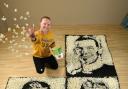 Nathan Wyburn with his popcorn portraits of (clockwise) Gareth Bale, Harry Kane and Andrew Robertson to celebrate teh Euros and Showcase Cinemas free screeningns of the home nations games.