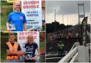 Jon Like and Niki Morgan with their 10K trophies, and right, the start of the Severn Bridge Half Marathon.