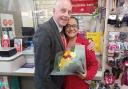 Ceri James, area manager for Post Office, visited Min on her last day as postmistress in Ebbw Vale