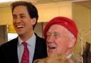 Labour leader Ed Miliband with local Labour councillor Ray Davies at Bedwas Senior Citizens Hall