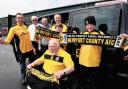 CHAUFFEUR-DRIVEN: Newport County fan Ken Fletcher, front, with, from left, Bob Herrin, chairman of Newport County Supporters; driver Roy Johnson; Mr Fletcher’s son Christopher Fletcher; Jeff Challingsworth, secretary of the supporters’ club; and Mr