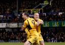 GREAT DAY: Me celebrating one of my two goals at Portsmouth last December with David Pipe