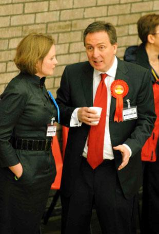Labour's Nick Smith and Liz Stevenson of the conservatives chat at the Blaenau Gwent count.