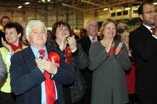 Happy Labour supporters at Newport velodrome for the count.