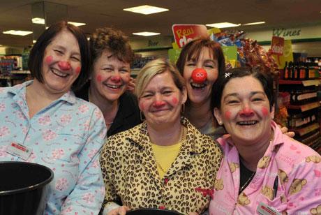 Spar staff on Caerleon Road dress in pyjamas for Comic Relief; from left; Gloria Marshall, Sharon Duffin , Melanie Thacker , Diane Cousins and Cheryl Cox