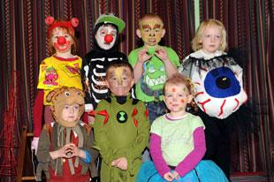 Kemys Fawr Infants school pupils; back from left - Ffion Rixon, 5, Jamie Roberts, 5, Morgan Collard, 5, Harriet Thomas, 4 front from left - Cody Harding, 3 Ethan Kinge, 5 and Chloe Mackerness, 4 dressed as monsters to raise money for Comic Relief.
