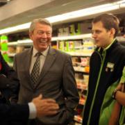 CAMPAIGN TRAIL: Alan Johnson chats to Asda employees from, left, Ed Cave, Ben Rodgers and Andrew Blackman at the store in Brynmawr