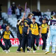 Glamorgan mob bowler Michael Hogan after the Australian claimed the match-winning wicket
