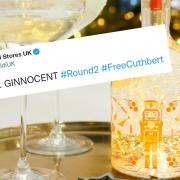 Photo of M&S' snow globe gin liqueur, credit: M&S. Tweet shows a swipe by the social media team at Aldi in the new light up gin copyright battle.