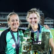 Sophia Smale (right) with The Hundred trophy. Picture: ECB.