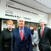 UNITED WE STAND: From left; Rosemary Butler AM, Peter Hain shadow Welsh Secretary, Anne-Louise Mckeon-Williams PCS Branch Secretary at the Passport Office and John Griffiths AM