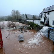 Flooding at a pub garden in Crickhowell.