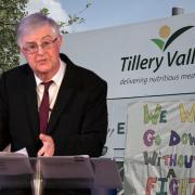 Composite image showing Mark Drakeford and the entrance to Tillery Valley Foods in Abertillery.