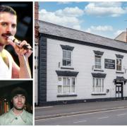 Clockwise from top right: Freddy Mercury of Queen, the former Three Horseshoes pub in Monmouth, Oasis