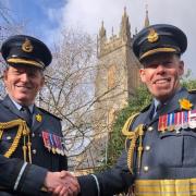 Air commodore Adrian Williams with his successor, air commodore Rob Woods.
