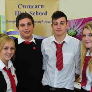 BACK AT SCHOOL: Cwmcarn High School sixth form pupils, from left; Paige Florence, Matthew Morse, Ben Jones and Bethan Morgan