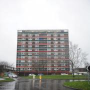 John Griffiths AM is visiting Milton Court tower block to see progress made on the site since Newport City Homes and Wates began refurbishing three of the blocks oaround the city.  Pictured is the outside of the tower block under refurbishment..