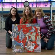 International Women's Day exhibition - Newport Market. (left to right) Artists Rebecca Hoodless, Suze de Lee and Sian Leung upstairs in Newport Market..
