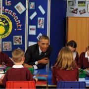 PRESIDENT AND PUPILS: US President Barack Obama at Mount Pleasant Primary School in Rogerstone this morning