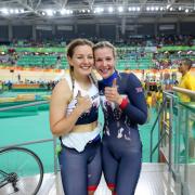 MEDAL MARVELS: Becky James (right) celebrates her silver with British teammate Katy Marchant, who claimed bronze