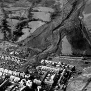 An aerial image of the aftermath of the landslide which engulfed Pantglas Junior School - killing 116 children and 28 adults in Aberfan. Picture: BBC/PA Wire