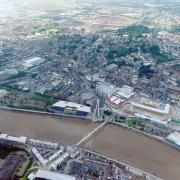 Aerial of River Usk in Newport City centre.