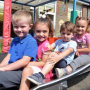 Cwmcarn Primary School of the Week.  Nursery on some of their new play equipment L-R Jay Gunter, Libby Williams-Plynsell, Cade Smallman and Niamh Fowler.        www.christinsleyphotography.co.uk