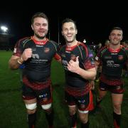 RELIEF: It was great to be able to celebrate a Dragons derby win with Jason Tovey and Tavis Knoyle