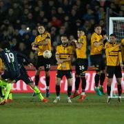 MEMORIES: The Newport County players defend a free-kick from Manchester City star Leroy Sane on Saturday. Picture: Huw Evans Agency