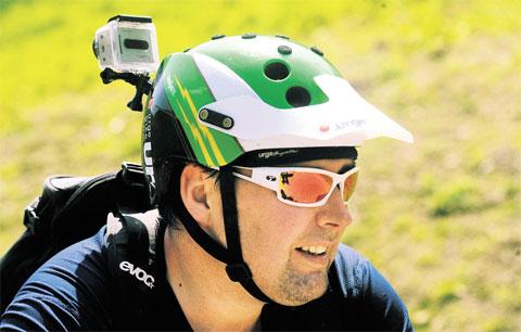 HE’S WATCHING YOU: Mountain cyclist David Diboney will a Go Pro camera attached to his helmet so he could record fellow cyclists coming down the mountain at Cwmcarn Forest Drive Picture: MIKE
LEWIS ML_13030