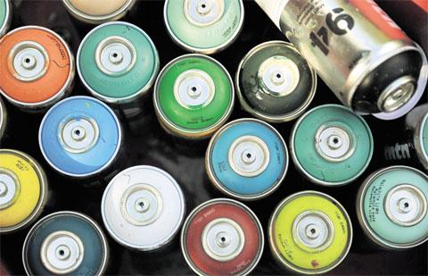 CANNED COLOUR: Spray cans at Abertillery Skate Park, where the Blaenau Gwent Youth Service is
running a graffiti project for young people funded by Arts Council of Wales Picture: BECKY MATTHEWS BM_263