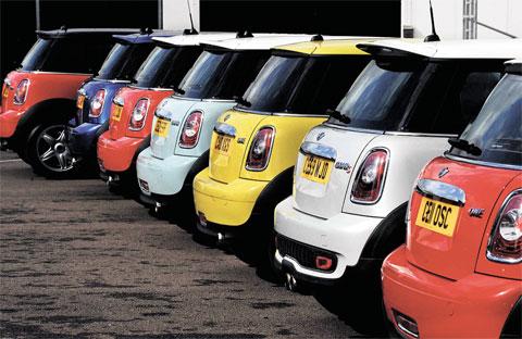 COLOUR PARADE: This colourful row of minis were spotted by Argus photographer Mike Lewis on
the forecourt at Synter Garage, Old Town Dock, Newport