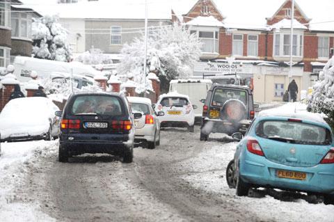 Snow and traffic on Waterloo Road, Newport