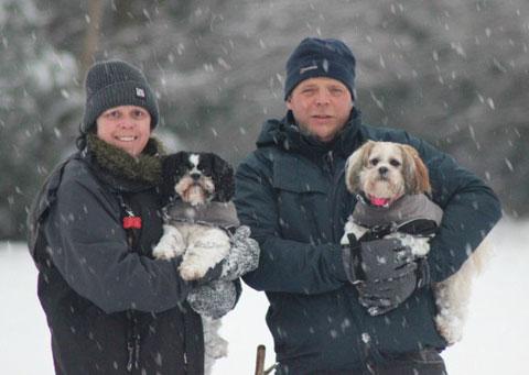 My mum and dad carrying the the tired dogs through the deep snow in Michelstone from Chloe Payne.