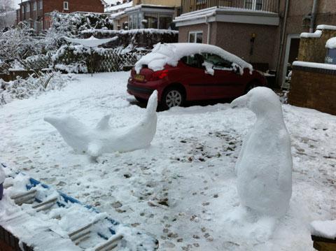 Here are my snow animals, including a lion family, a dolphin and a penguin. From Daniel Griffiths of Newport