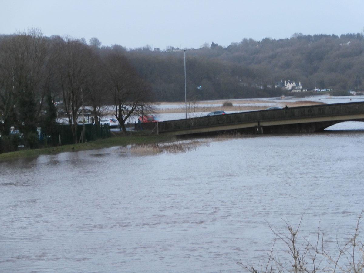 The River Usk threatens the road bridge at Caerleon this morning