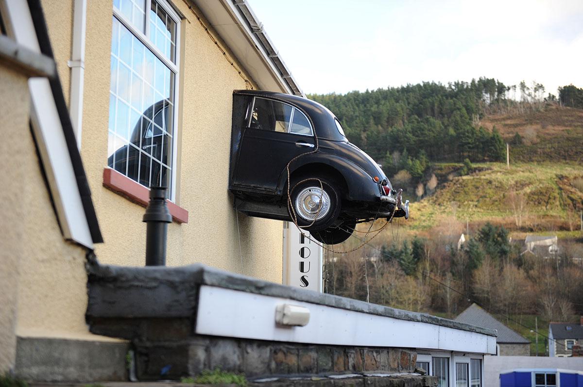 @southwalesargus PIC OF THE DAY 15.01.14: WELL PARKED: Surreal car sculpture at The Dolls House pub in Abertillery Pic: @argusjbevan