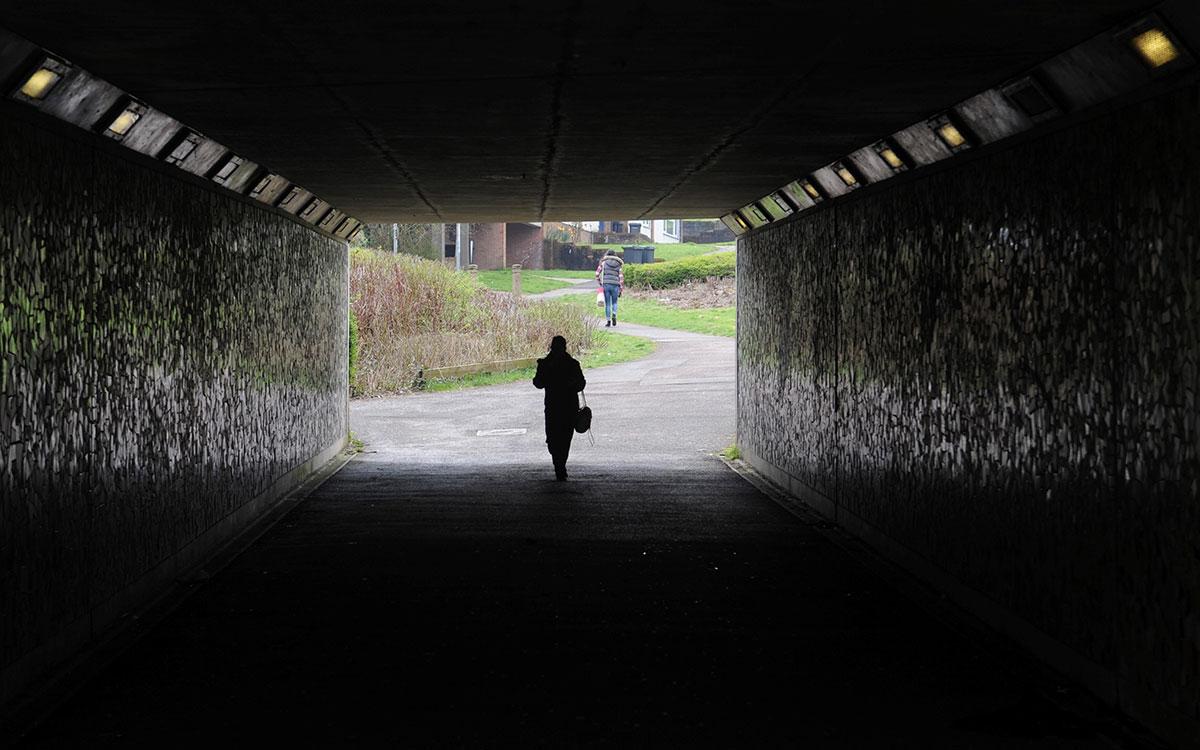 @southwalesargus PIC OF THE DAY 08.04.14: SHADED WALK: A lone figure in a subway in Pontypool Pic: MARK LEWIS